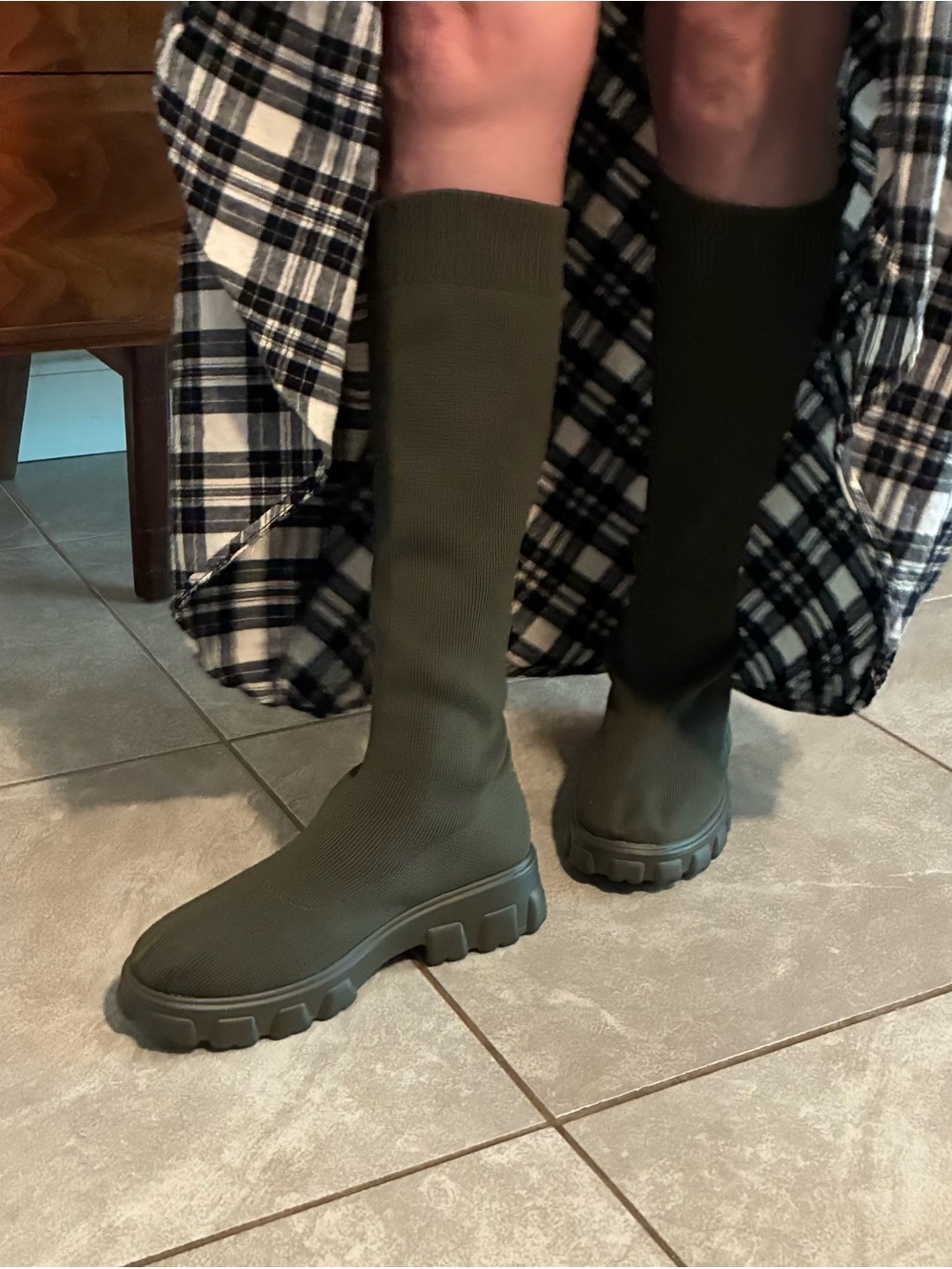 Olive Green Knee-High Stretch Sock Boots